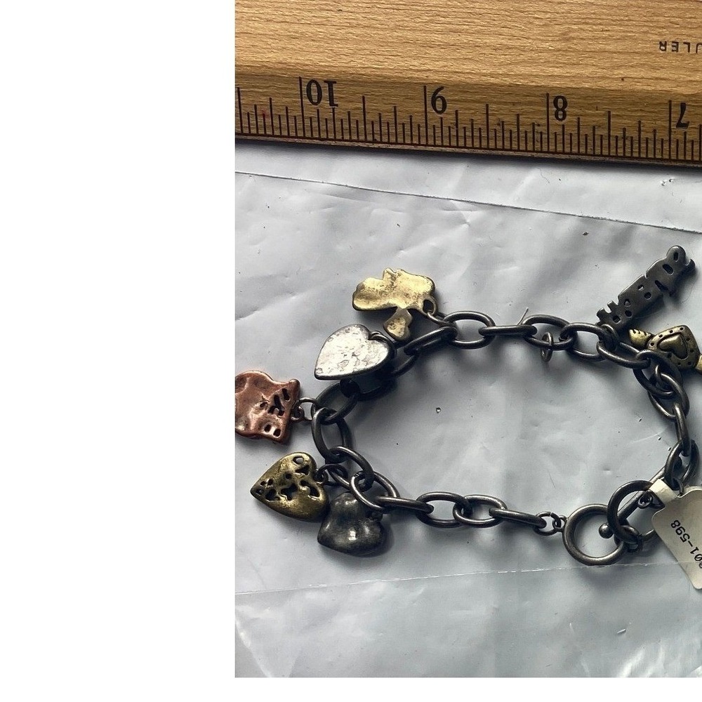 Womens Charm Bracelet Mixed Metal Hearts Bells Clover‎ Word Charm Toggle Clasp